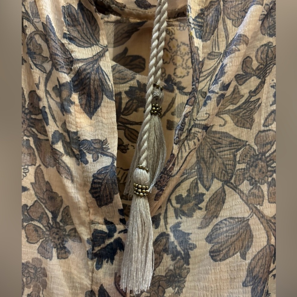 Free People HENDRIX Floral Peasant button down drawstring tassel blouse in ivory - Picture 6 of 8